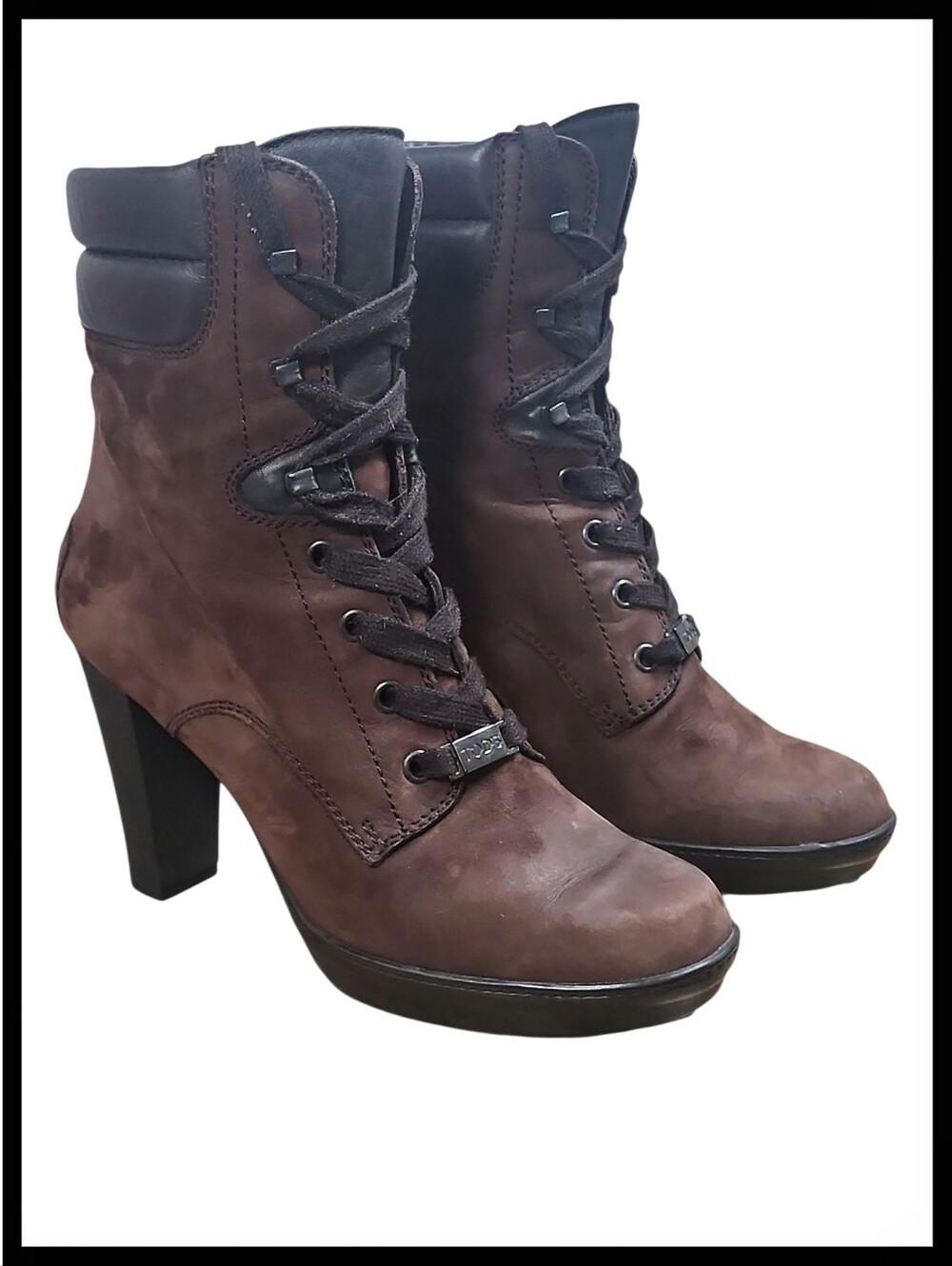 Tod's Aspen Penny Lu Lace Up High Heel Boots Brown Leather Size 37 US 7
